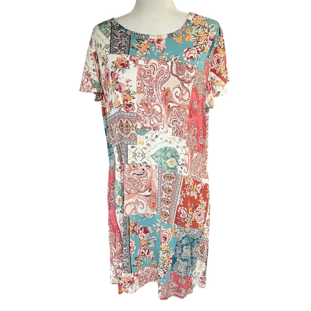 24/7 Maurices Bohemian Patchwork Paisley Floral Short Sleeve Rayon Mini Dress XL